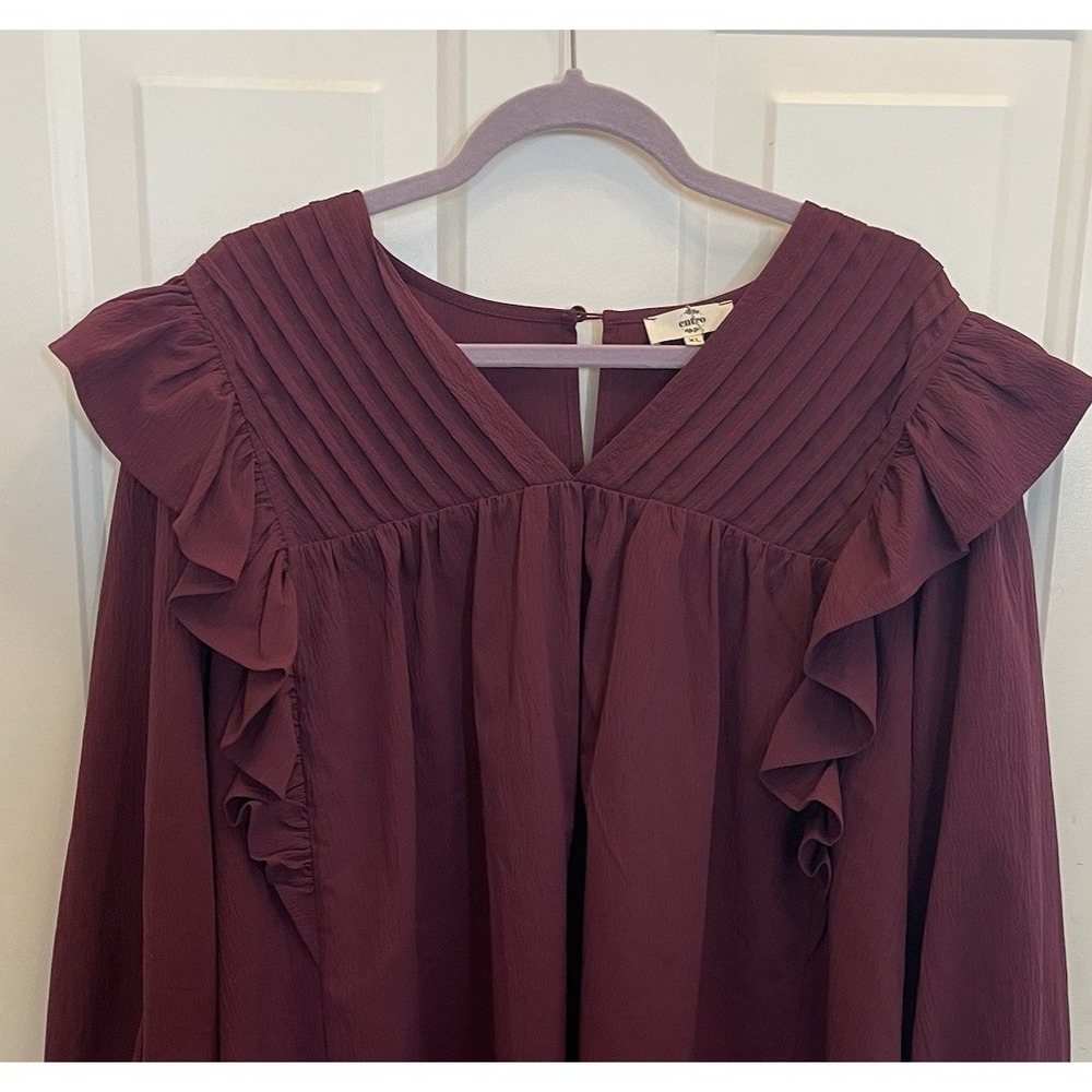 Entro Anthropologie Burgundy Plum Ruffle V-Neck Poet Blouse Romantic Womens XL